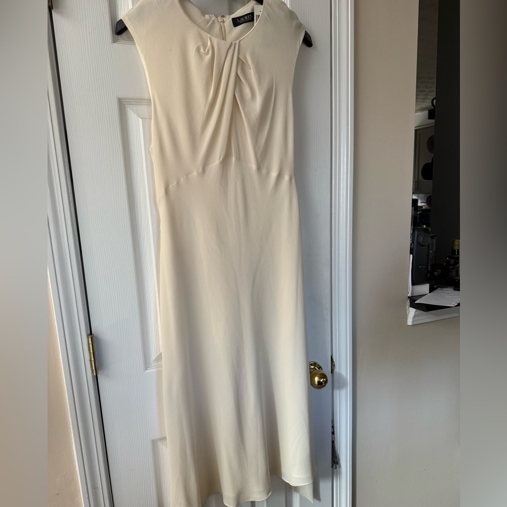 Ralph Lauren Ivory Sleeveless Maxi Dress with Pleated Neckline